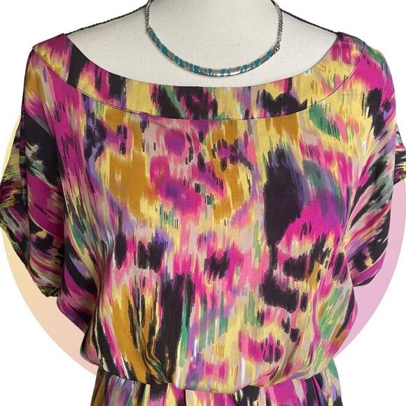 Speed Control Tunic Short Mini Dress Women 3X Plus Yellow Pink Watercolor Print - Picture 3 of 9